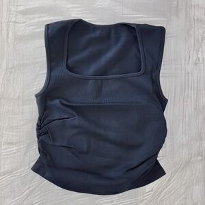 OQQ Crop Top Rueched Sleeveless Square Basic Tank Shirt, Black -L